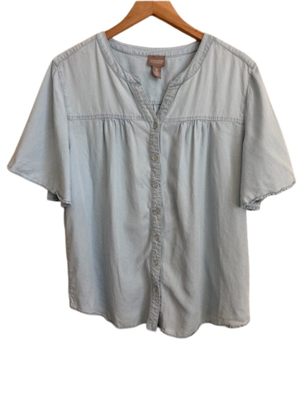 Chico's Chambray Button Front Blouse Lyocell Size 3 XL Flutter Sleeve Top Boho